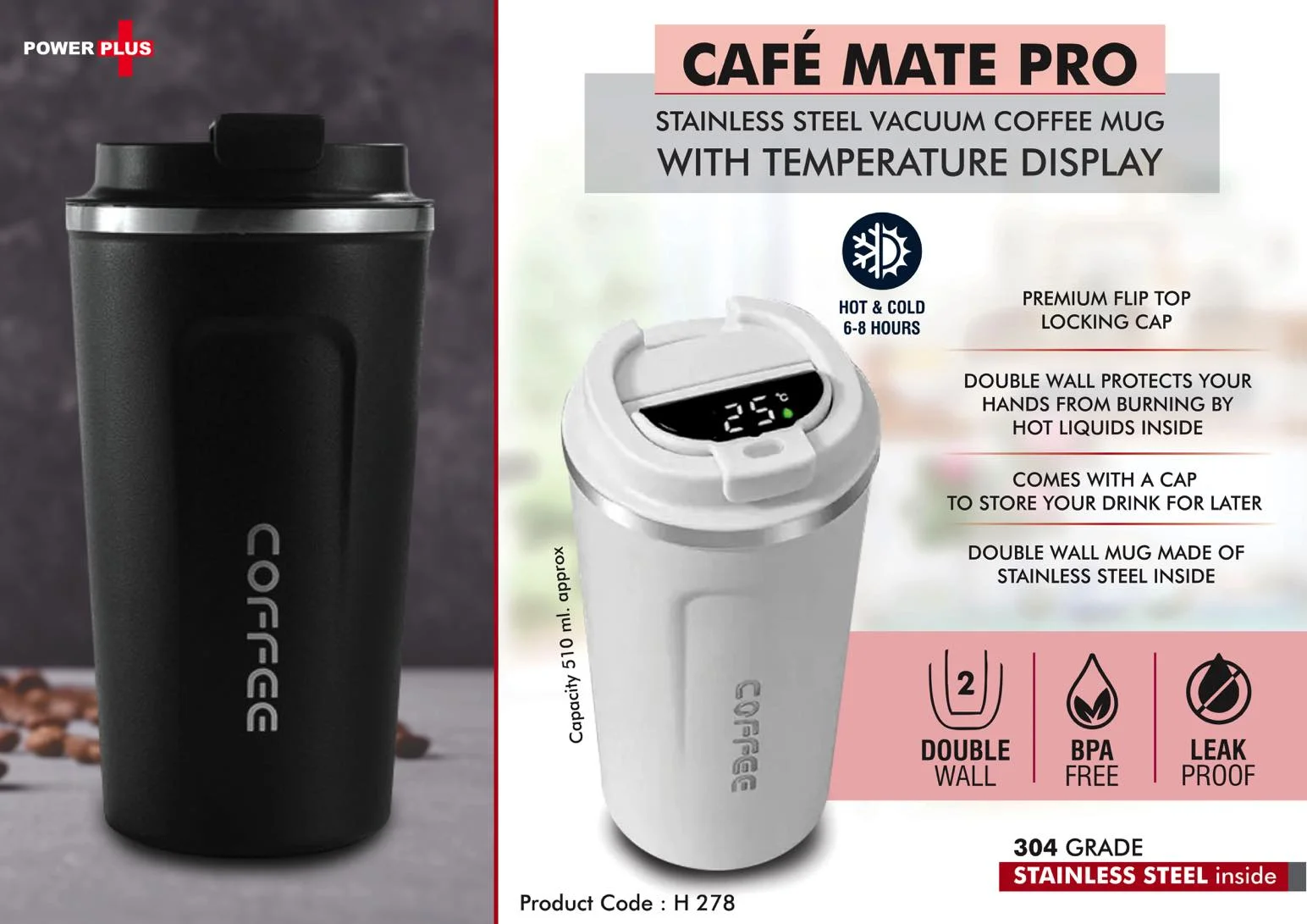 Cafe Mate Pro: Stainless Steel Vacuum coffee mug with Temperature Display