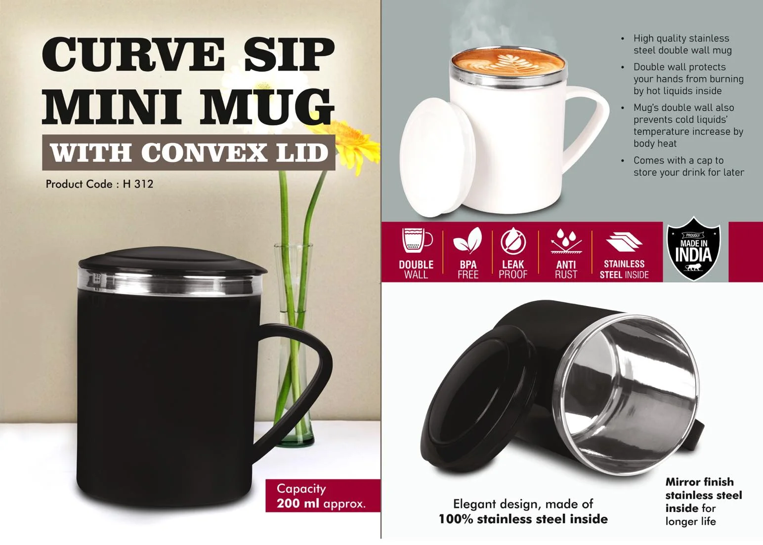 CurveSip Mini Steel mug with Convex Lid