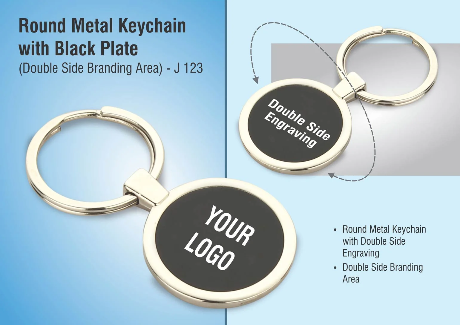 Round metal keychain with Black plate